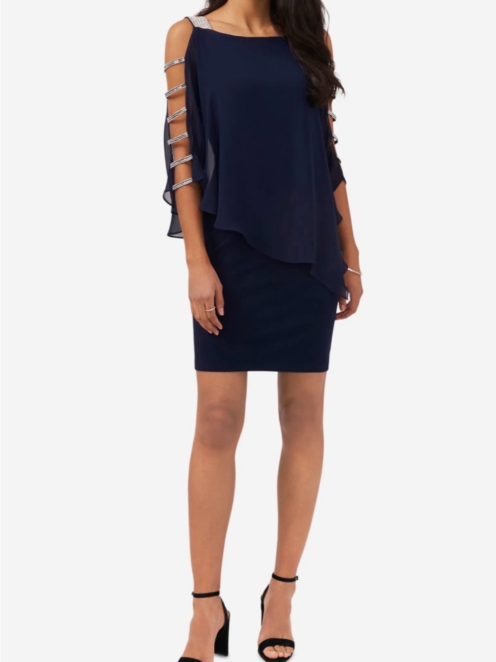 MSK Navy sheath style with layered popover